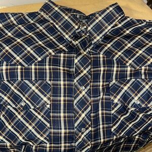 Christopher Rand dark plaid Western Shirt Blue Tan Rockabilly Pearl Snap up 1970